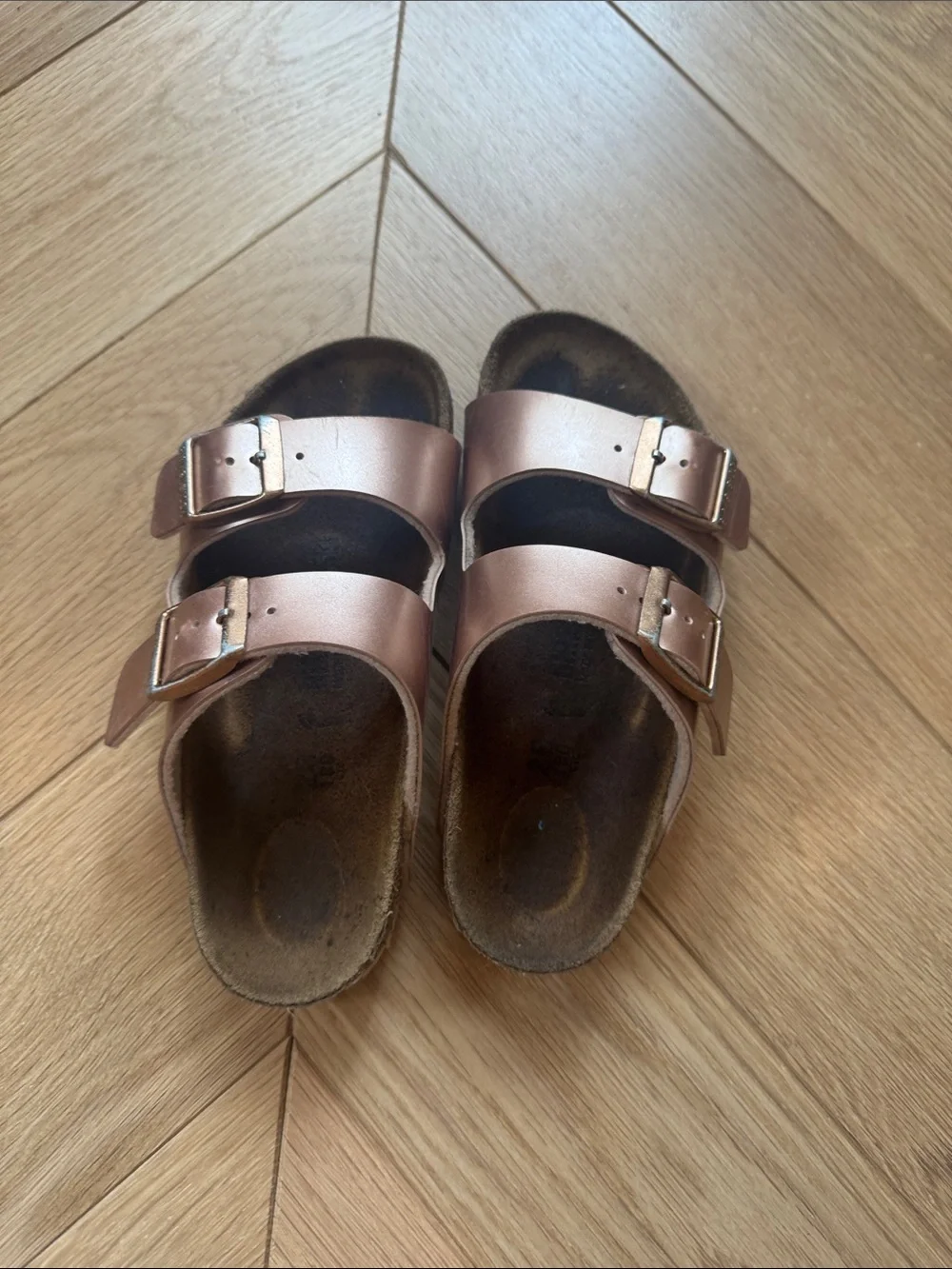 Birkenstock Kids Arizona Metallic Rose Gold Double-Buckle Slides, Size 11